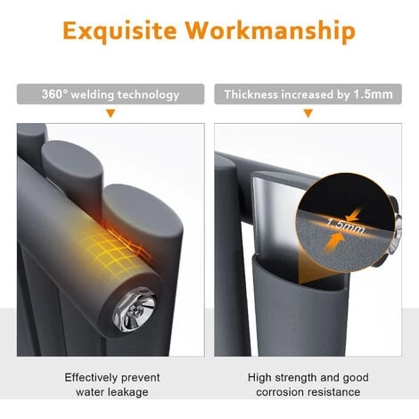 ELEGANT Anthracite Vertical Radiator Single Oval Panel Central Heating Radiators With Mirror, 1800x499mm - Image 3