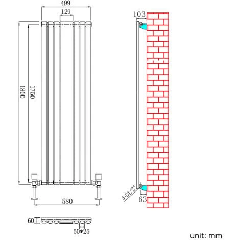 ELEGANT Anthracite Vertical Radiator Single Oval Panel Central Heating Radiators With Mirror, 1800x499mm - Image 5
