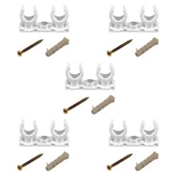 5 X Open Pipe Clips Snap In Bracket Double 18mm Plastic Clip With Fixings