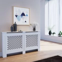 ELEGANT Radiator Cover Large Modern White Cross Slat Painted Cabinet Radiator Shelves For Living Room/Bedroom/Kitchen, LARGE