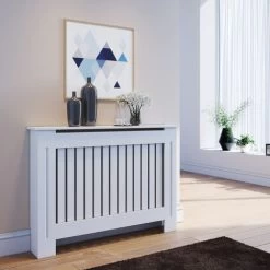 ELEGANT Radiator Covers Medium Modern Vertical Slat White Painted Cabinet Radiator Shelve For Living Room/Bedroom/Kitchen, MEDIUM