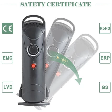 Oil Filled Radiator 6 Fin 800W Mini Portable Electric Heater Thermostat Black - Image 2
