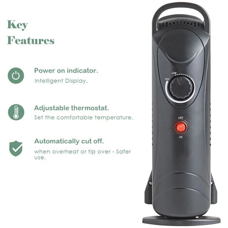 Oil Filled Radiator 6 Fin 800W Mini Portable Electric Heater Thermostat Black - Image 3