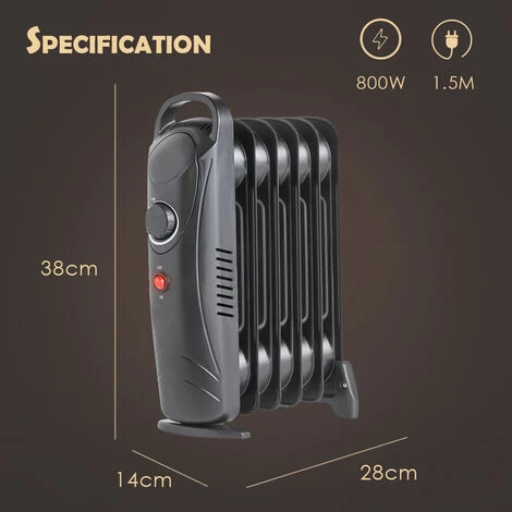 Oil Filled Radiator 6 Fin 800W Mini Portable Electric Heater Thermostat Black - Image 5