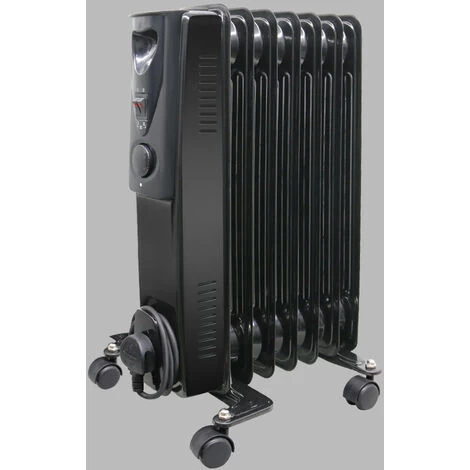 Portable Oil Filled Radiator Electric Heater Thermostat 7 Fin 1500W Gloss Black