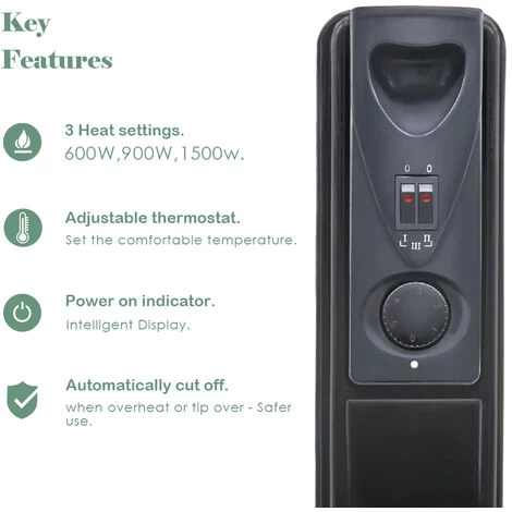 Portable Oil Filled Radiator Electric Heater Thermostat 7 Fin 1500W Gloss Black - Image 2
