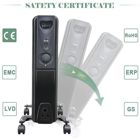 Portable Oil Filled Radiator Electric Heater Thermostat 7 Fin 1500W Gloss Black - Image 3