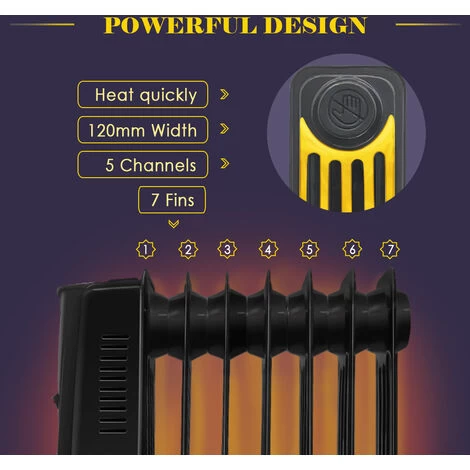 Portable Oil Filled Radiator Electric Heater Thermostat 7 Fin 1500W Gloss Black - Image 4