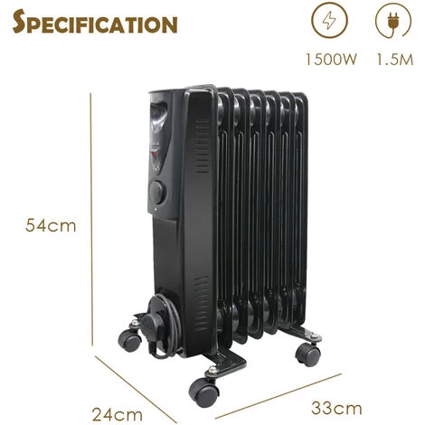 Portable Oil Filled Radiator Electric Heater Thermostat 7 Fin 1500W Gloss Black - Image 5
