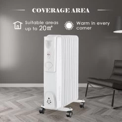 9 Fin 2000W Electric Oil Filled Radiator Portable Heater 3 Settings Thermostat