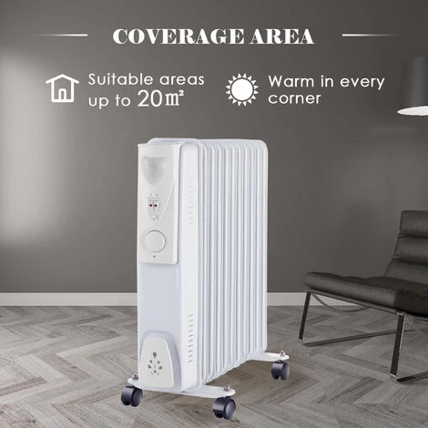 Electric Oil Filled Radiator 11 Fin 2500W Portable Heater Thermostat White