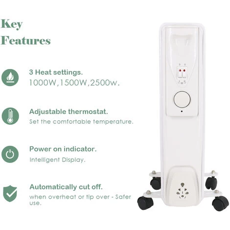 Electric Oil Filled Radiator 11 Fin 2500W Portable Heater Thermostat White - Image 2