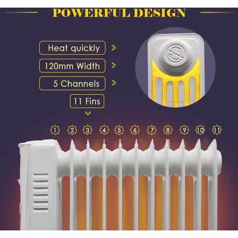 Electric Oil Filled Radiator 11 Fin 2500W Portable Heater Thermostat White - Image 4