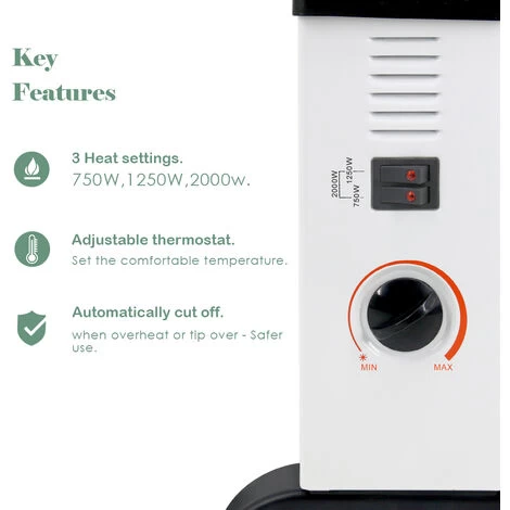 Free Standing Convector Heater 2000W Electric 3 Adjustable Heat Settings White - Image 2