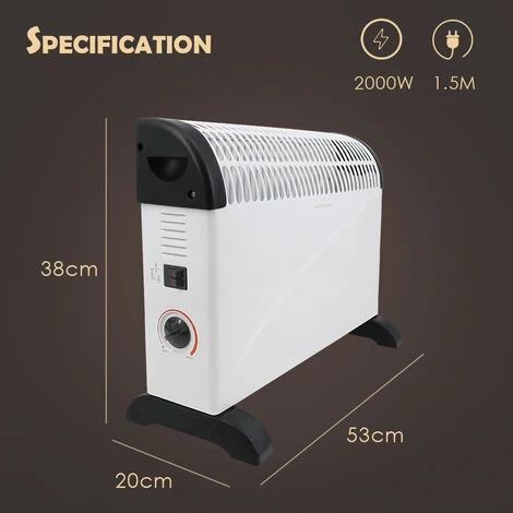 Free Standing Convector Heater 2000W Electric 3 Adjustable Heat Settings White - Image 5