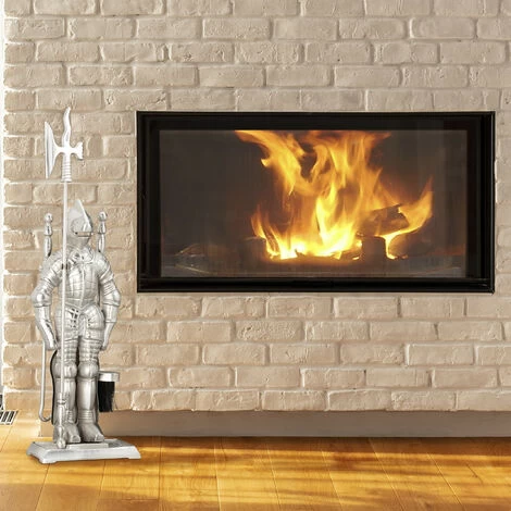 Relaxdays Modern Cast Iron Fire Irons. 4-Piece Fireplace Companion Set With Shovel, Broom, Poker And Rack, Silver - Image 2