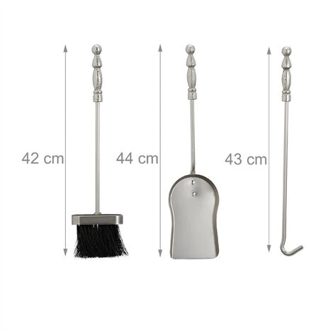 Relaxdays Modern Cast Iron Fire Irons. 4-Piece Fireplace Companion Set With Shovel, Broom, Poker And Rack, Silver - Image 5