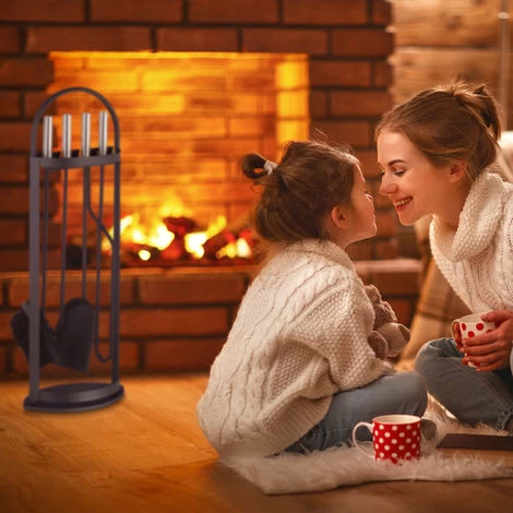 Relaxdays 5-Piece Fireplace Companion Set Steel Utility Accessories, Modern, Stand, Tongs, Shovel, Poker & Broom, Black - Image 3