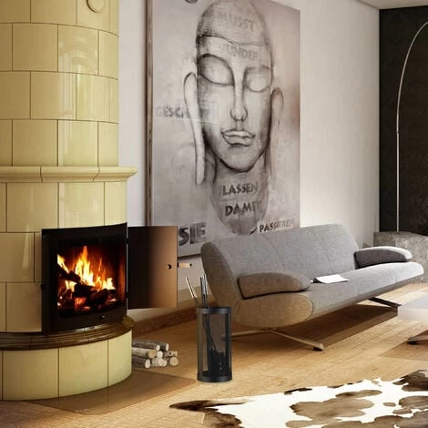 Relaxdays Modern Steel Fire Irons. 5-Piece Fireplace Companion Set With Shovel, Broom, Poker, Tongs And Stand, Black - Image 2