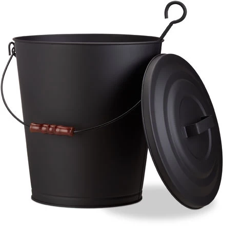 Relaxdays Ash Bucket With Lid, Steel 24 L Charcoal Bin, With Wooden Handle, Black