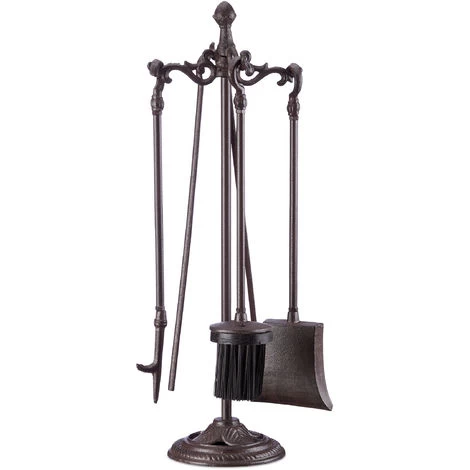 Relaxdays 5-Piece Fireplace Companion Tools, Set With Rack, Shovel, Broom, Poker And Tongs, HxWxD 51 X 18 X 18 Cm, Brown