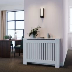 ELEGANT Radiator Covers Modern Slat White Painted Cabinet Radiator Shelve For Living Room/Bedroom/Kitchen, Vertical, MEDIUM