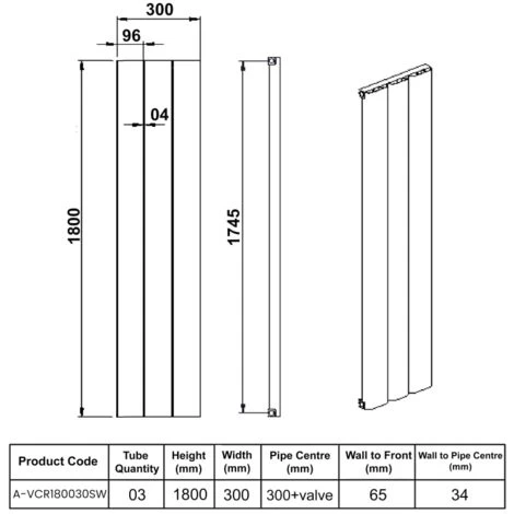 Reina Vicari Single Vertical Aluminium Radiator 1800mm H X 300mm W White - Image 2