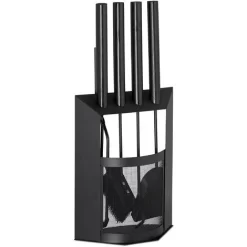 Relaxdays Fireplace Companion Set, 5-Piece Utensil Set With Shovel, Broom, Tongs & Holder, Modern, Black