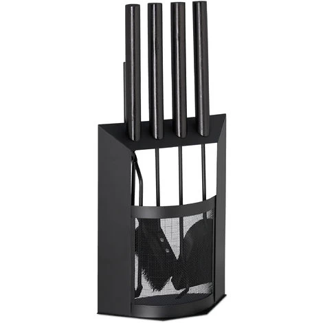 Relaxdays Fireplace Companion Set, 5-Piece Utensil Set With Shovel, Broom, Tongs & Holder, Modern, Black