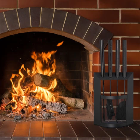 Relaxdays Fireplace Companion Set, 5-Piece Utensil Set With Shovel, Broom, Tongs & Holder, Modern, Black - Image 2