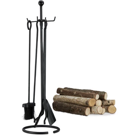 Relaxdays 5-Piece Fireplace Companion Tools, Set With Rack, Shovel, Broom, Poker And Tongs. Black