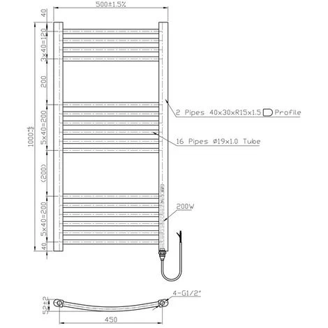 Bathroom Electric Heated Towel Rail Curved 1000 X 500 Manual 200W White - Image 5