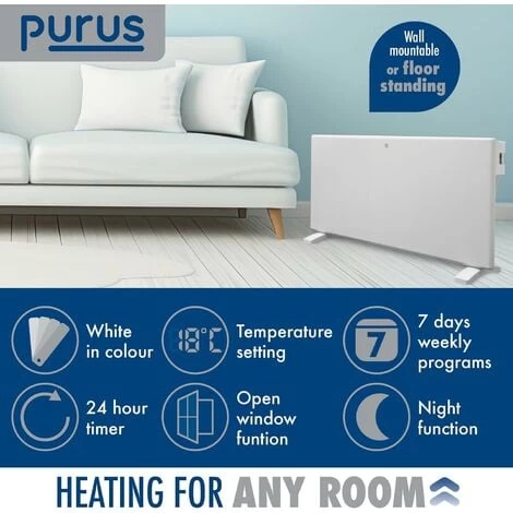 Purus 1800W Eco Panel Heater Bathroom Safe Setback Timer Wall Mounted Lot 20 Low Energy Electric Heater - Image 2