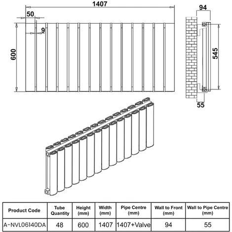 Reina Neval Double Horizontal Aluminium Radiator 600mm H X 1407mm W Anthracite - Image 2