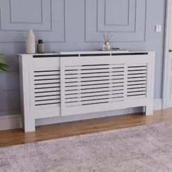 Milton Radiator Cover MDF Modern Cabinet Slatted Grill, White, Adjustable