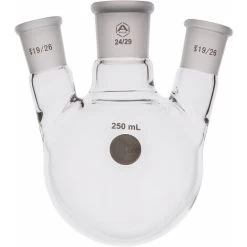 A PLUS Round Bottom Flask Three Neck 250ml Centre Joint 24/29 Angled Joint 19/26
