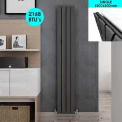 ELEGANT Central Heating Radiators Vertical Anthracite Tall Single Bathroom Kitchen Designer Radiator Flat Panel 1800 X 300 Mm