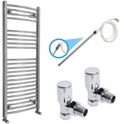 Chrome Electric Or Dual Fuel Heated Towel Rail Radiator Kit 1100x500 With Angled Valves