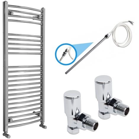Chrome Electric Or Dual Fuel Heated Towel Rail Radiator Kit 1100x500 With Angled Valves