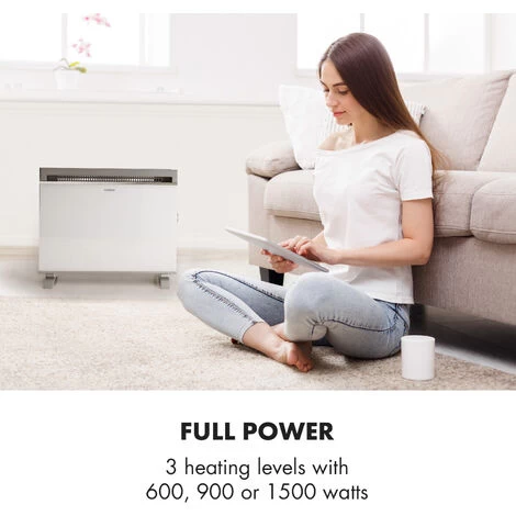 Klarstein Gotland Convector Heater 600/900 / 1500W Glass Front Stand Unit White - Image 2