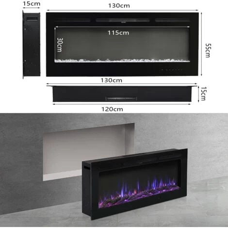 Livingandhome 50 Inch LED Electric Fireplace Wall Mounted Wall Insert Heater 9 Flame Colours - Image 2