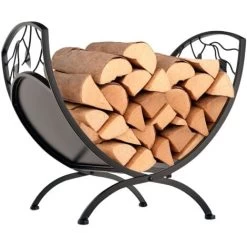 Outsunny Iron Folding Arced Firewood Log Holder Leaf Scroll Panel Indoor Outdoor