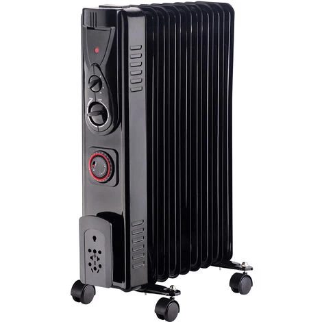 NRG 9 Fin Oil Filled Radiator Electric Heaters With 24 Hour Timer Safety Thermal Cut Off 2KW Black