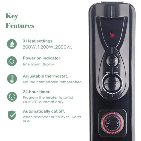 NRG 9 Fin Oil Filled Radiator Electric Heaters With 24 Hour Timer Safety Thermal Cut Off 2KW Black - Image 2