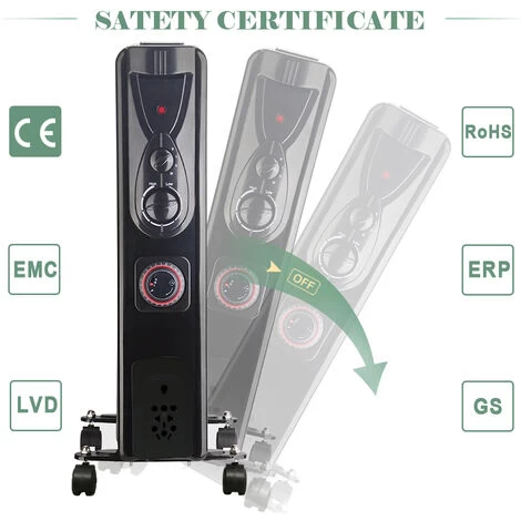 NRG 9 Fin Oil Filled Radiator Electric Heaters With 24 Hour Timer Safety Thermal Cut Off 2KW Black - Image 3