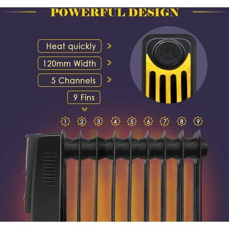 NRG 9 Fin Oil Filled Radiator Electric Heaters With 24 Hour Timer Safety Thermal Cut Off 2KW Black - Image 5