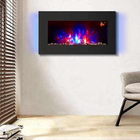 NRG Electric Fire Wall Mounted Flat Glass Electric Fire Multi Colour Flames 1Kw & 2Kw Heater With Timer