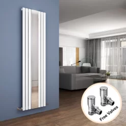 ELEGANT Anthracite White Radiator Single Oval Panel Central Heating Radiators 1800x499mm With Mirror, Angled Radiator Valves