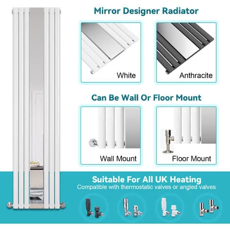 ELEGANT Anthracite White Radiator Single Oval Panel Central Heating Radiators 1800x499mm With Mirror, Angled Radiator Valves - Image 5