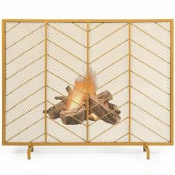 COSTWAY Golden Single Panel Fireplace Screen Decorative Mesh Spark Guard Freestanding